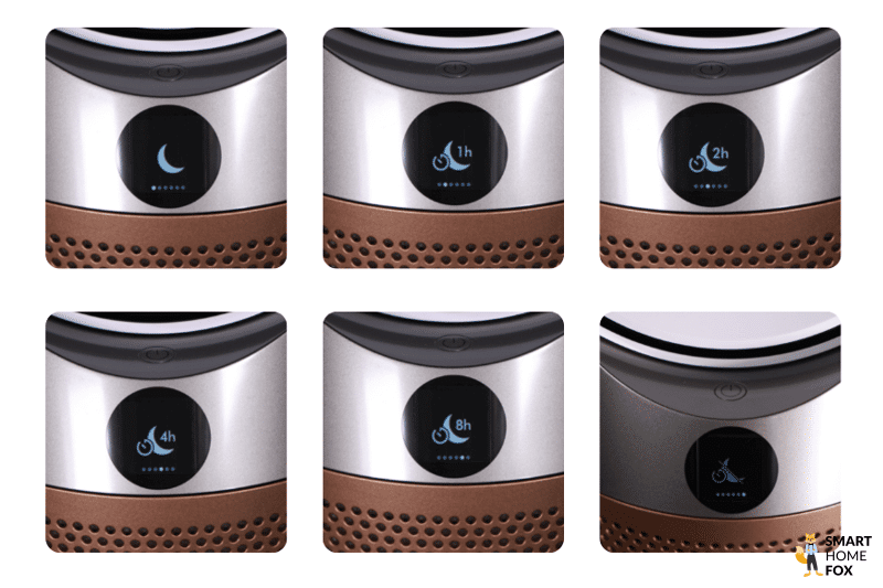 Die Sleep Timer Funktionen eines Dyson Ventilators werden auf dem Display eines Dyson Ventilators gezeigt.